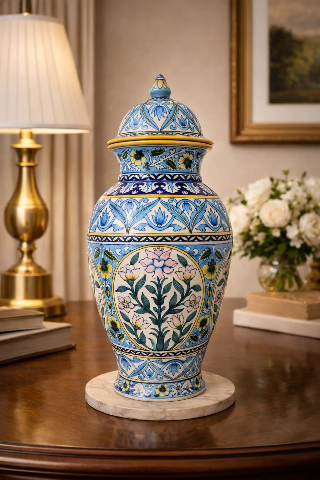 Turquoise Arabesque Vase — handmade Jaipur blue pottery by Sagar Blue Art Pottery