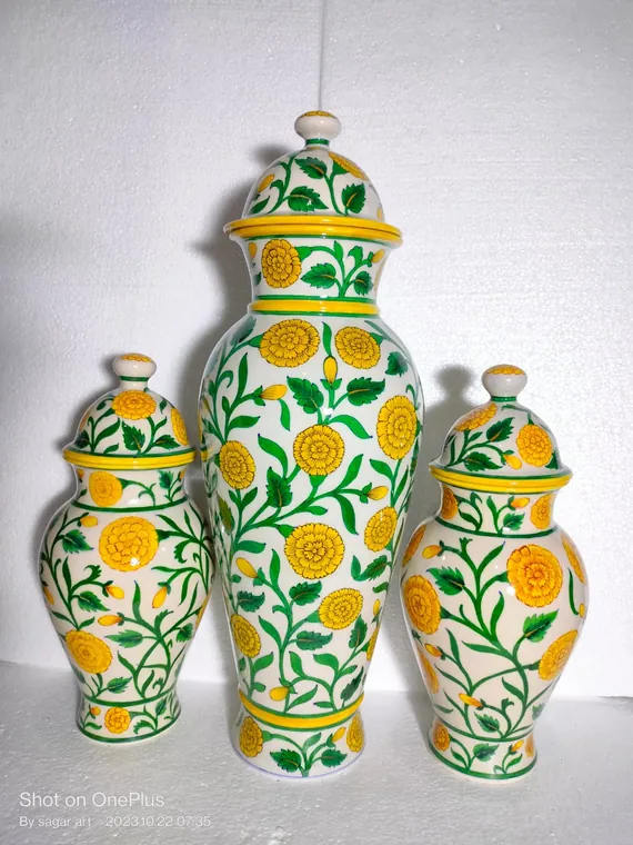 Marigold Vine Urn Set — handmade Jaipur blue pottery from the Vases & Urns collection